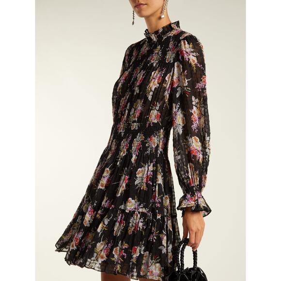 Rebecca Taylor Bouquet Silk Floral Smocked Mini Dress in Black | Size Small - Picture 2 of 10